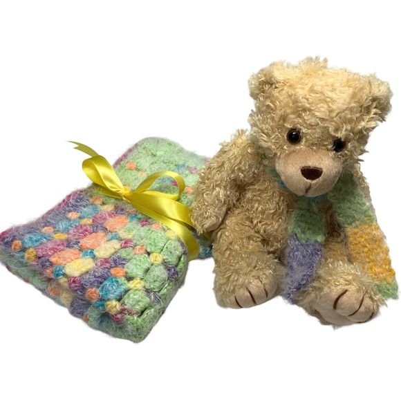 Baby Lovey Small Security Blanket Soft Multicolor Crochet Teddy Bear with Scarf - Picture 3 of 14